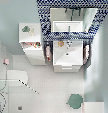 Birds eye view of small square bathroom with VitrA Ecora products